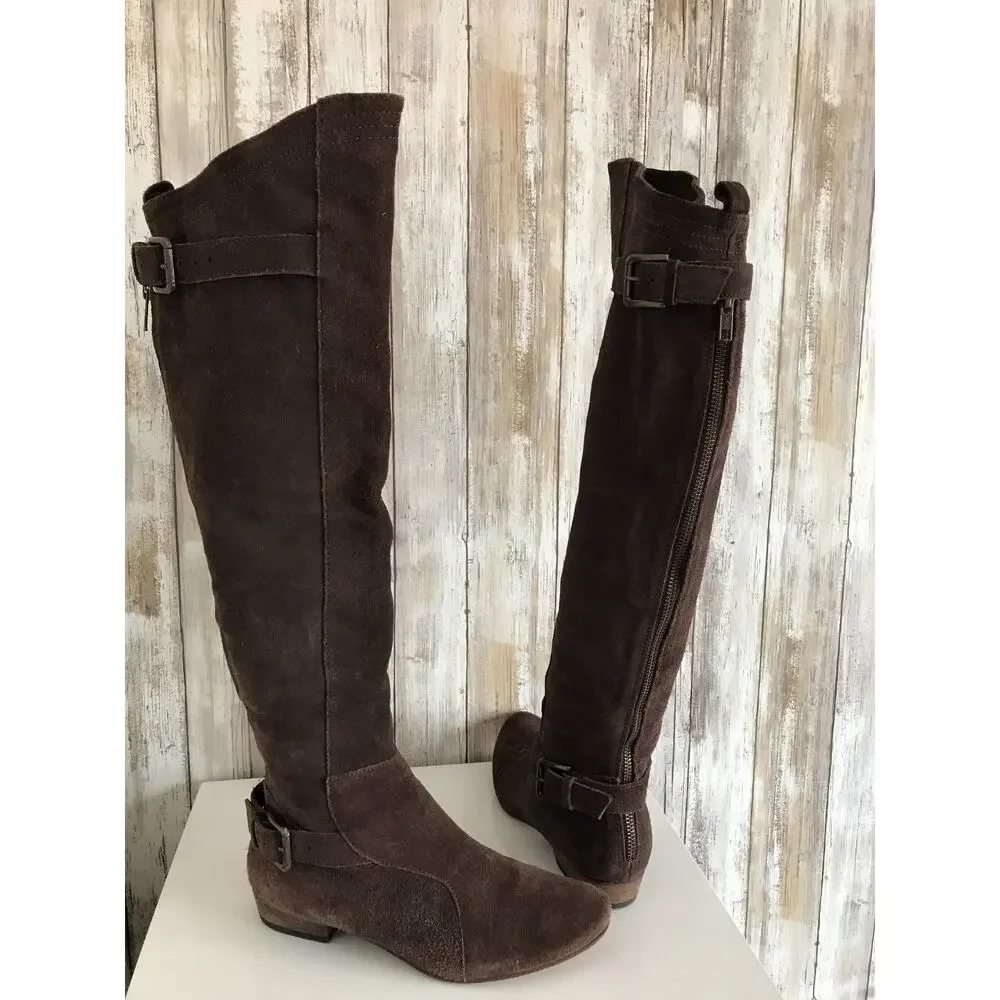 JOIE Many Roads Over The Knee Brown Suede Flat Boots Buckle Zipper 37 6.5